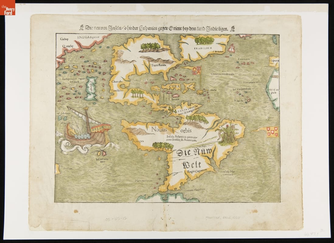 Map with land masses outlined in different colors, with a large ship in the water