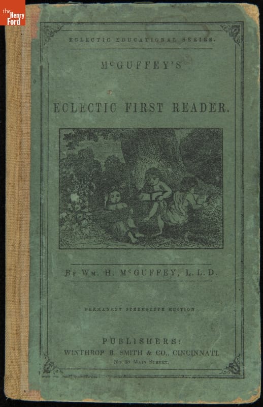Textbook, Blue book cover with illustration of children reading at the base of a tree; also contains text