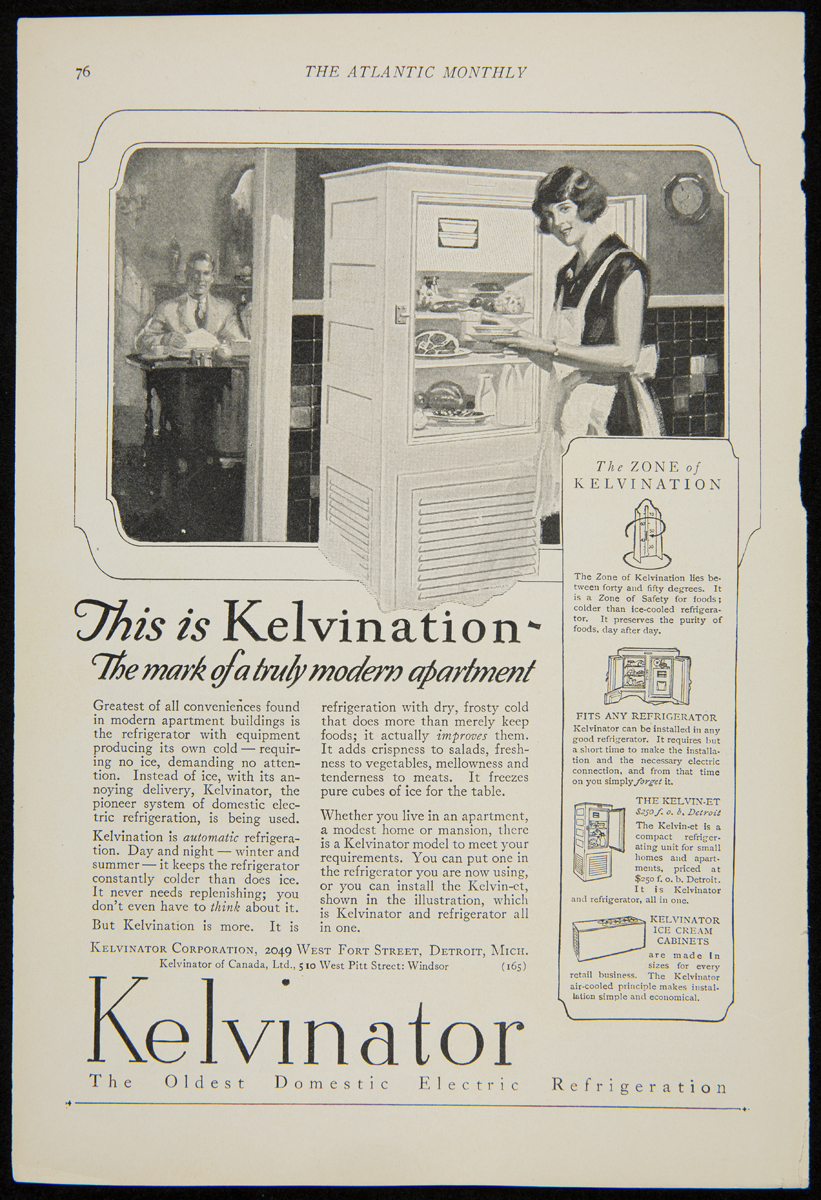 Kelvinator Refrigerator Advertisement, Kelvinator ad, 1925, showing a woman in an apron at a refrigerator and text explaining “kelvination”