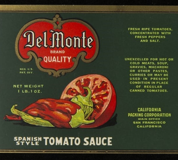 Green label with logo, text, and image of peppers and tomato half