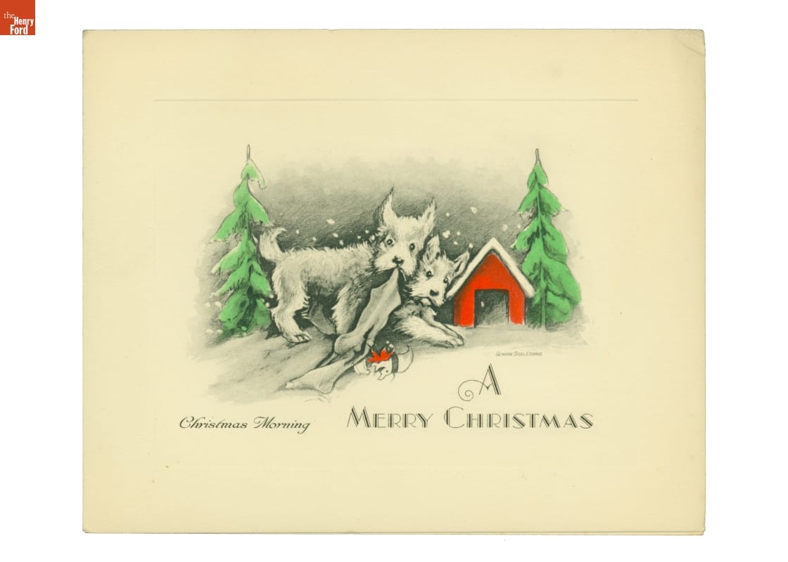 Christmas Card, Two Scottie dogs in the snow amid evergreens and in front of a red doghouse; one holds a stocking with a toy coming out of it