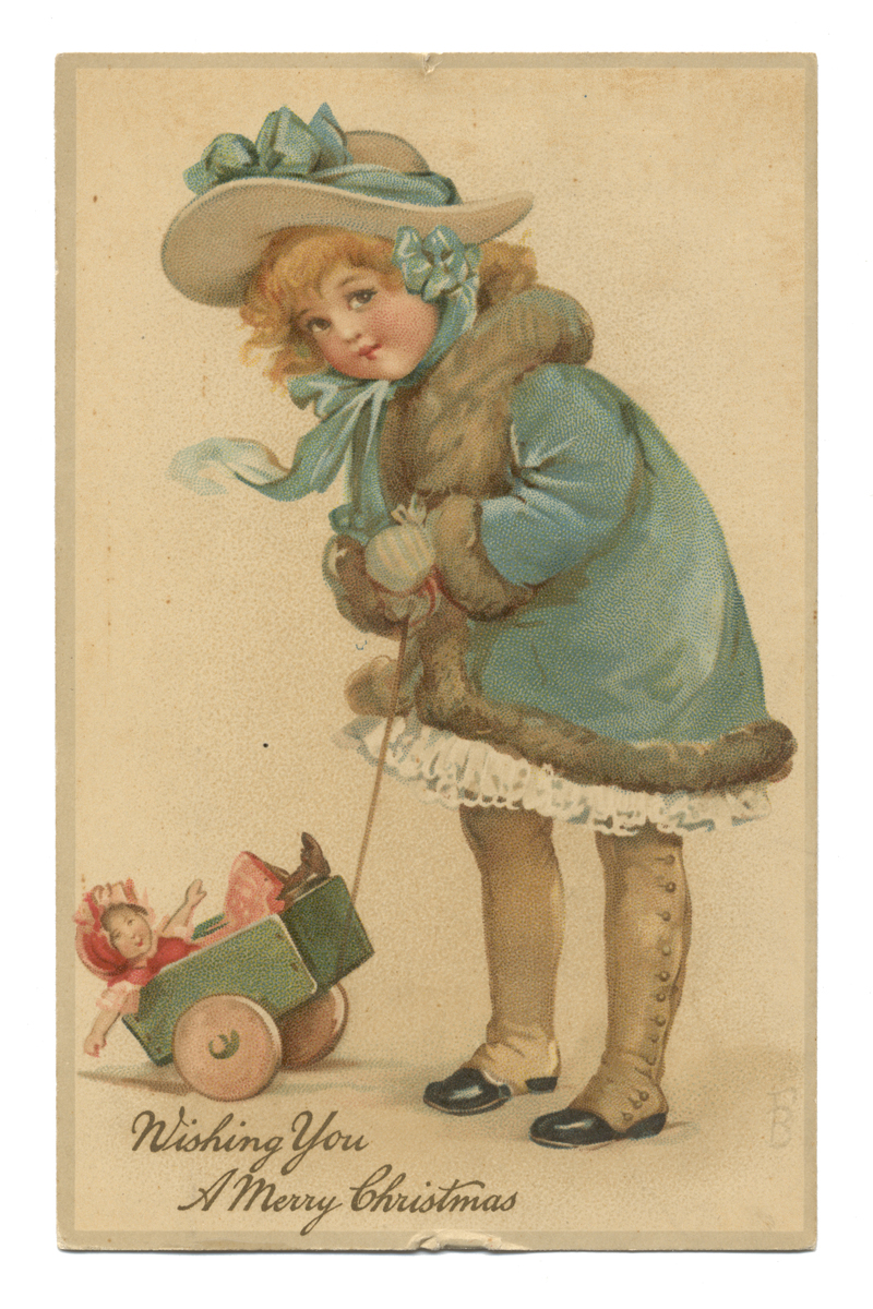 Young girl in spats, blue coat, and hat with blue ribbon pulls a small cart with a doll in it; also contains text