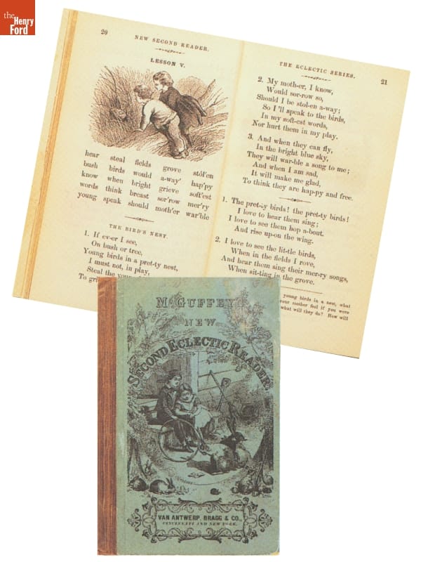 Textbook, Blue book cover with image and text and book opened to two-page spread with image and text