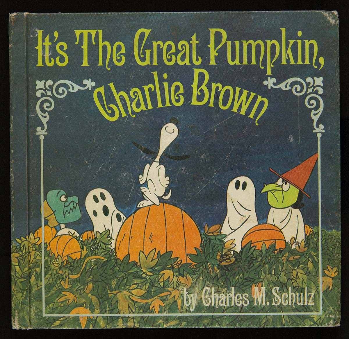 Blue book cover with text and image of children in Halloween costumes in a pumpkin field, watching a dog dancing on a pumpkin
