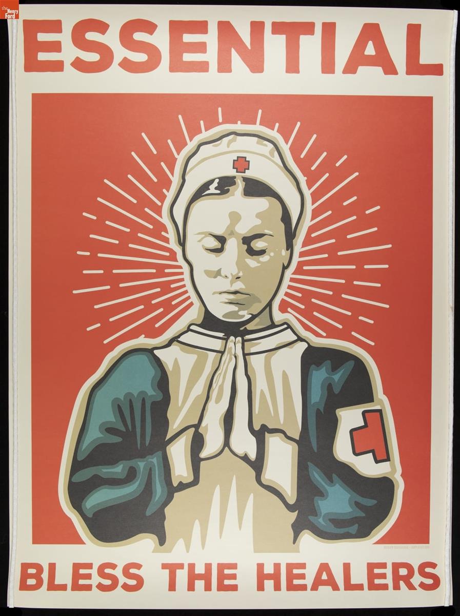 Poster, Nurse with hands clasped in a prayer position, head bowed, eyes closed, on a red background with white halo-like lines behind her; also contains text