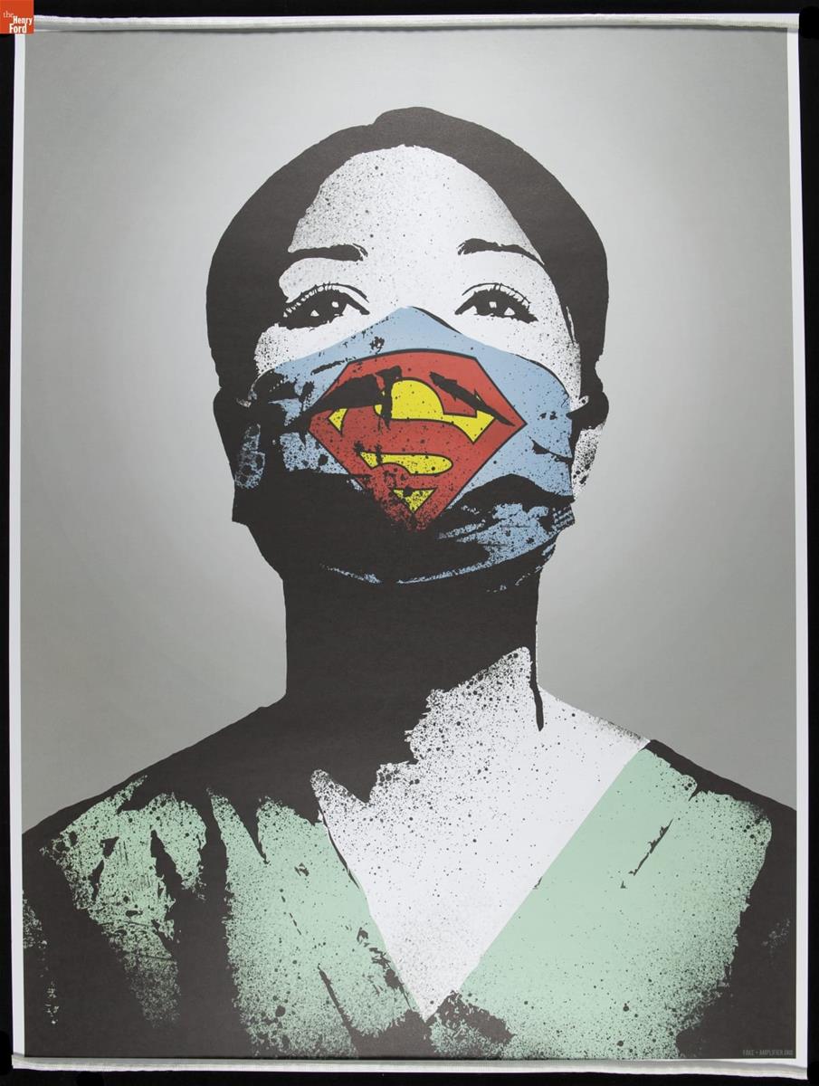 Poster, Portrait of woman with dark hair in green scrubs wearing blue face mask marked with yellow and red