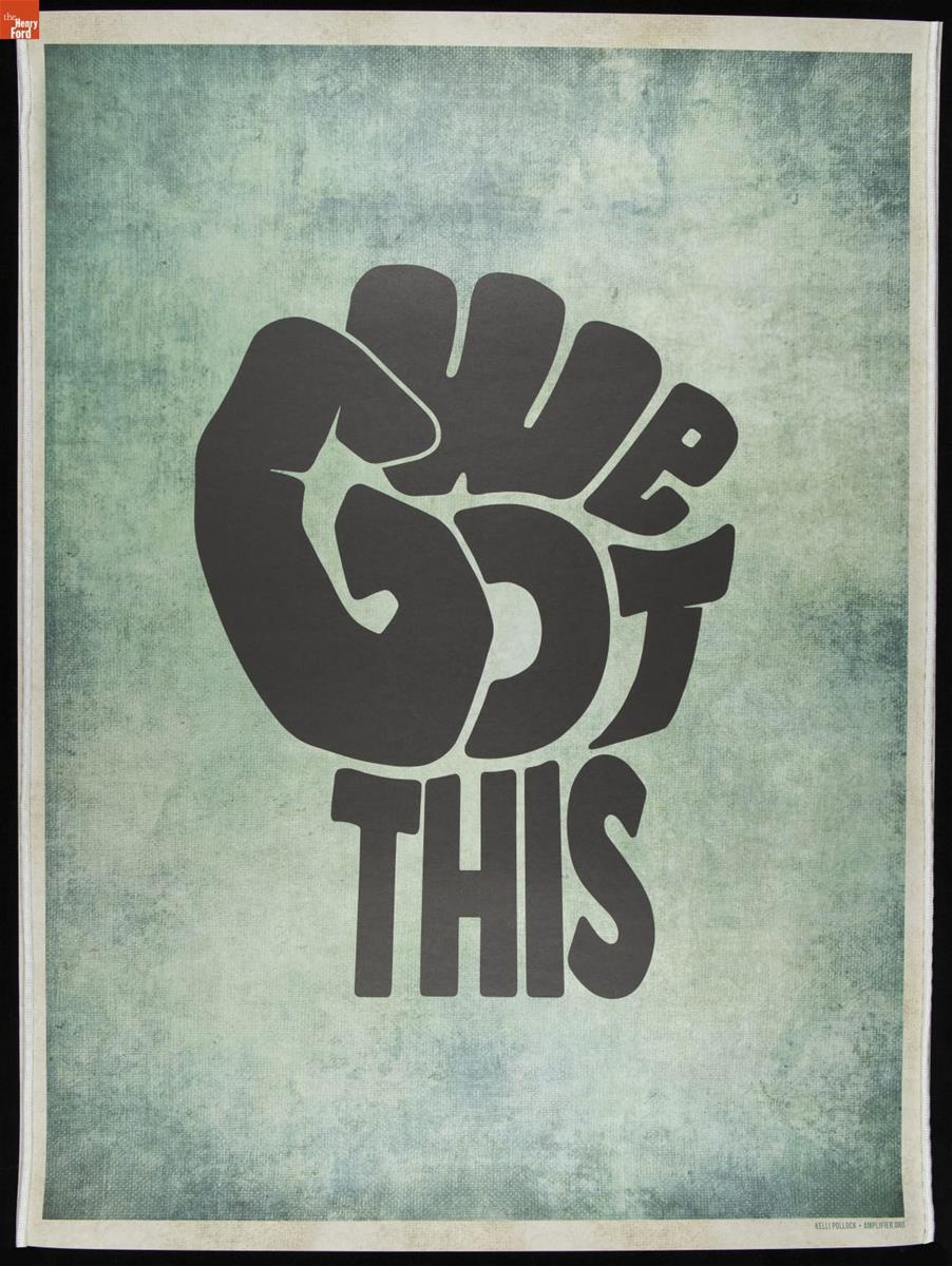 Poster, Poster with mottled green, white, and blue background, featuring text shaped like a fist reading
