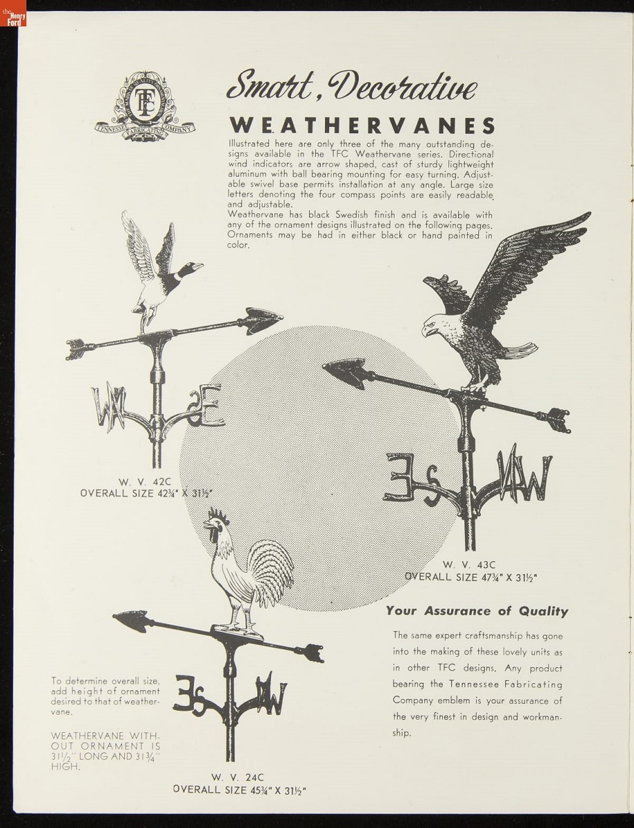 Tennessee Fabricating Company Catalog, Catalog page with three illustrations of weathervanes featuring a duck, a rooster, and an eagle; also contains text