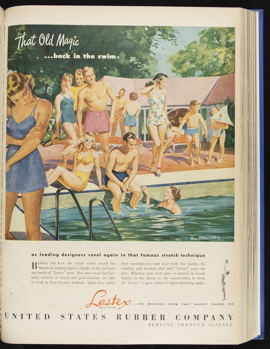 Advertisement with illustration of people in and by swimming pool; also contains text