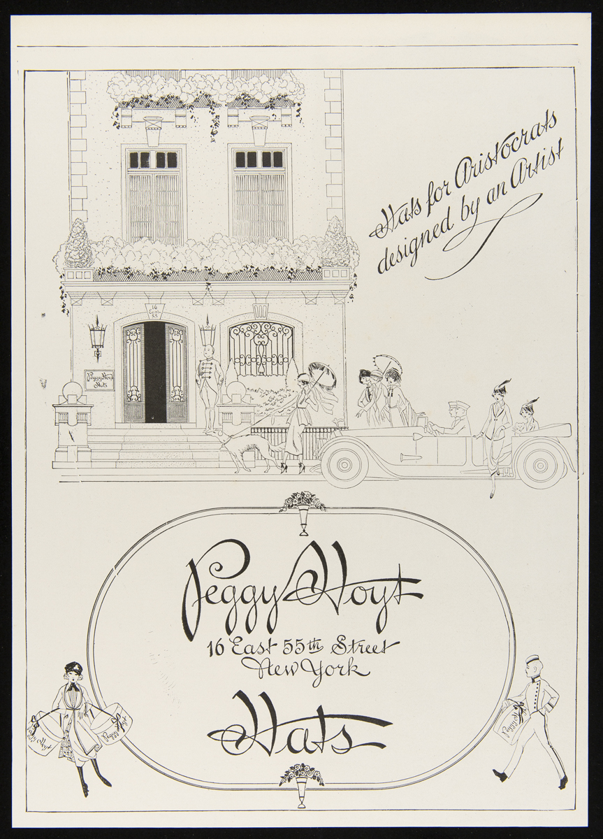 Advertisement, Page with line drawing of house, car, and women walking, as well as text