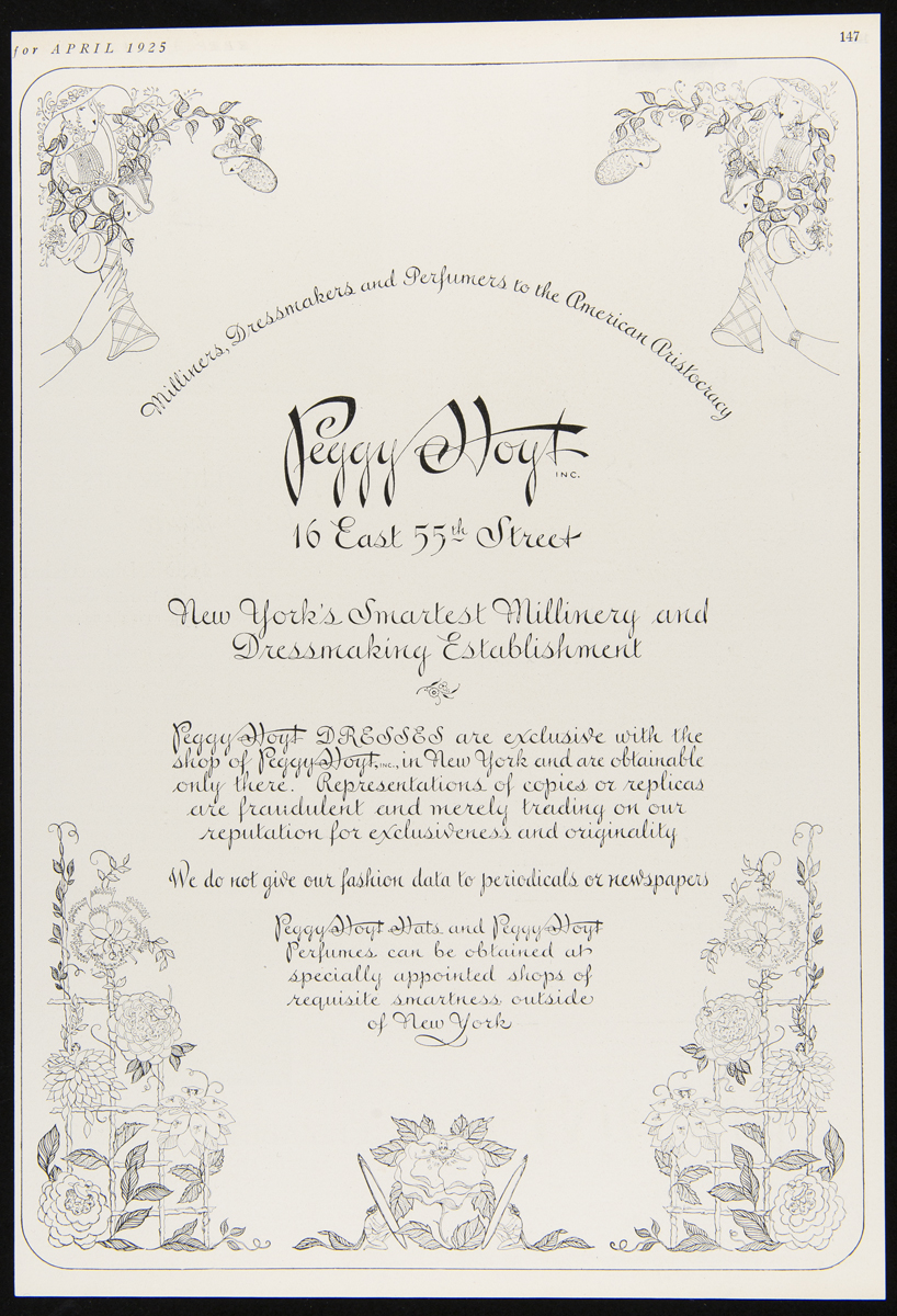 Advertisement, Page with decorative script text and line drawings of floral arrangements and women in hats