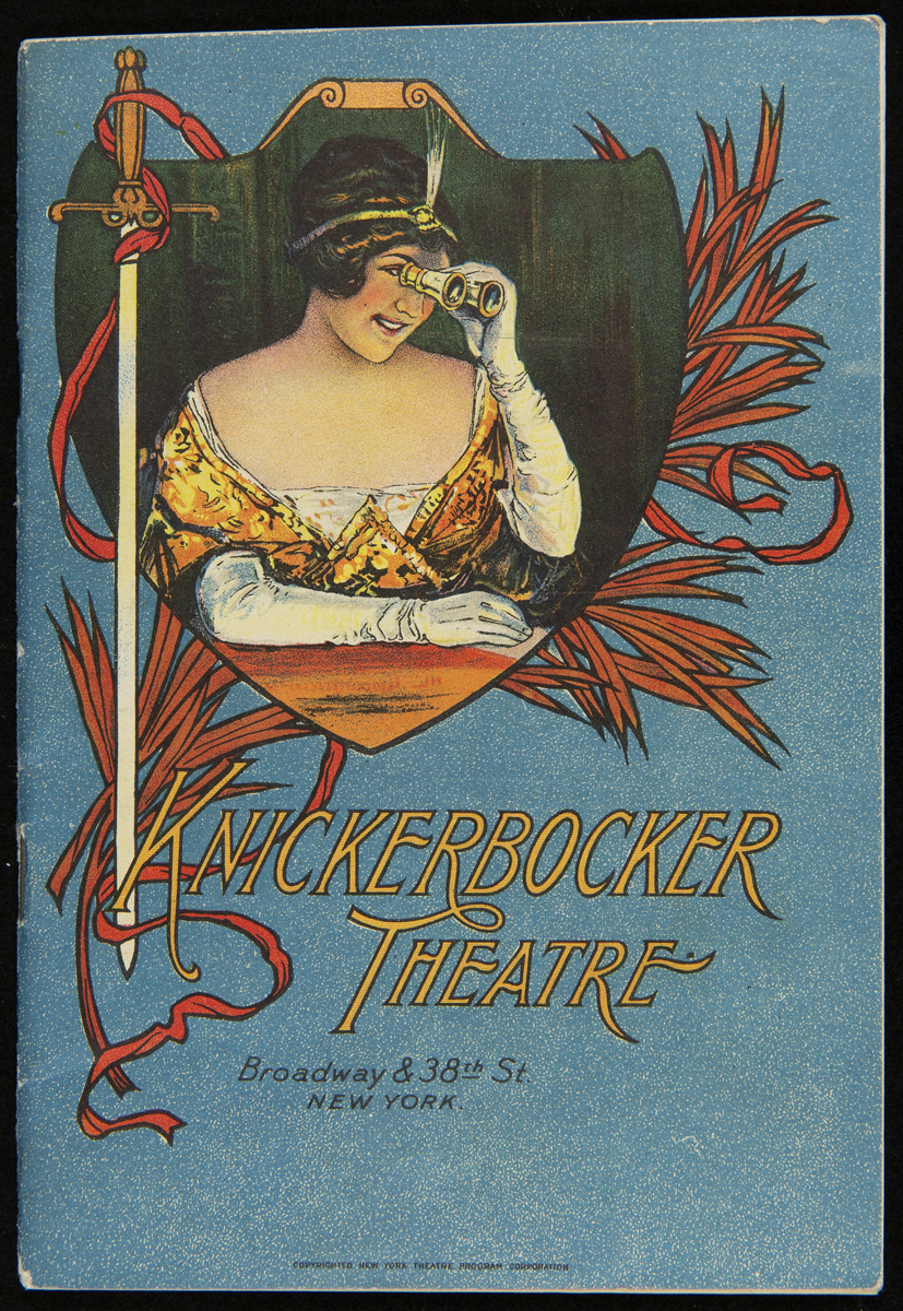 Program for Blue program cover with text and shield-shaped image of woman with lorgnette, next to sword and decorative elements