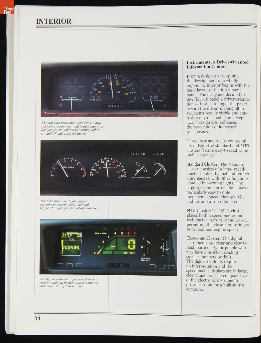 Page with text and three color images of dials and gauges (some digital) in a car dash (?)