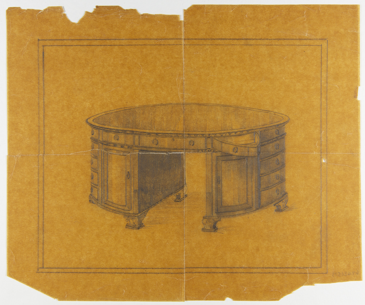 Round desk with drawers or cubbies around outside