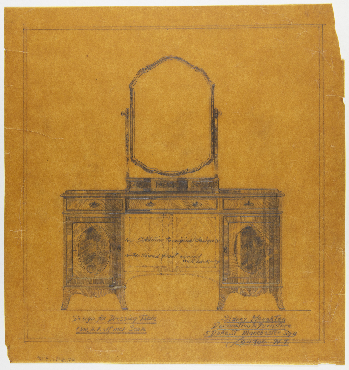 Yellowed drawing of dressing table or vanity
