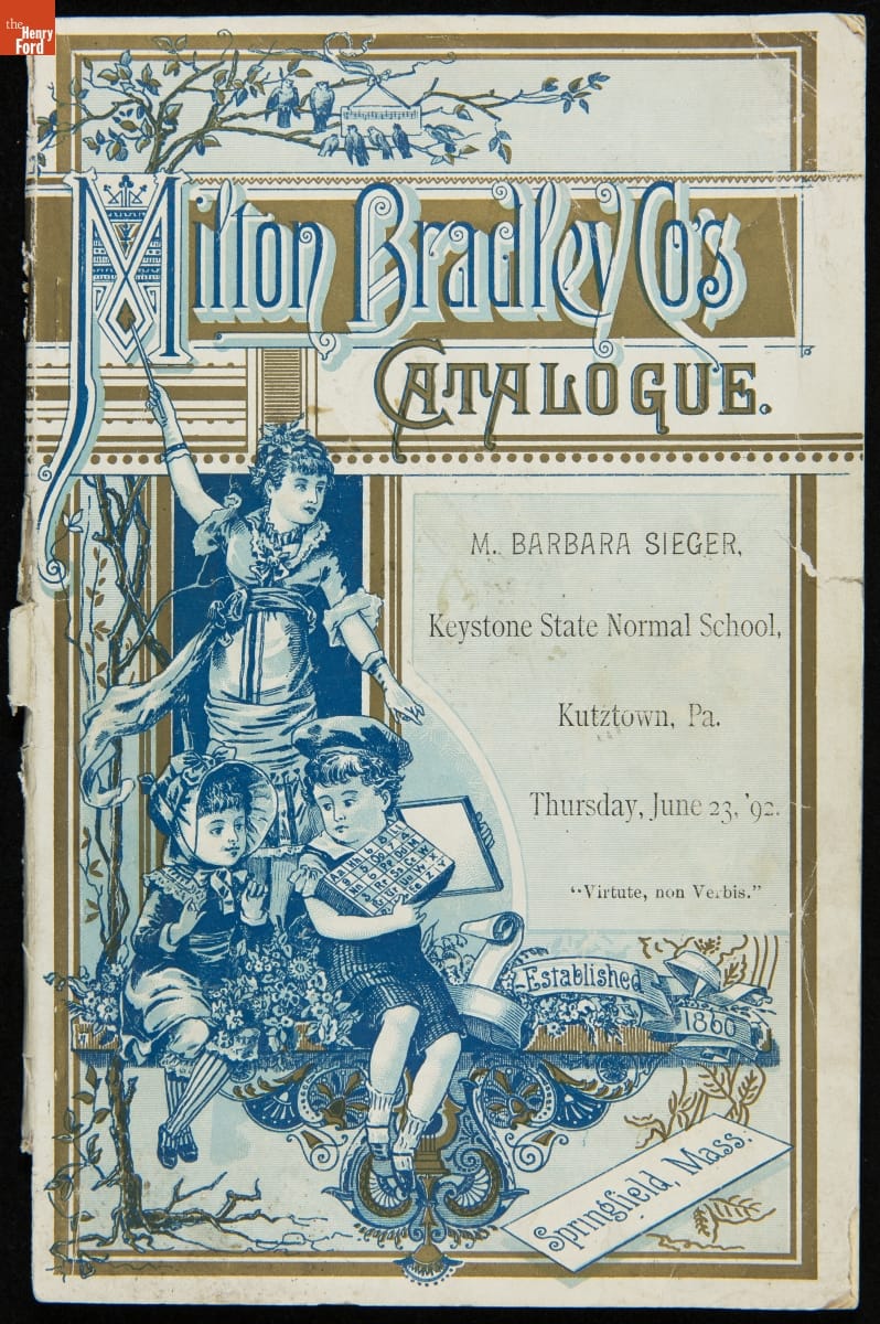 Page with elaborate text and illustration of children, one holding a number toy or board