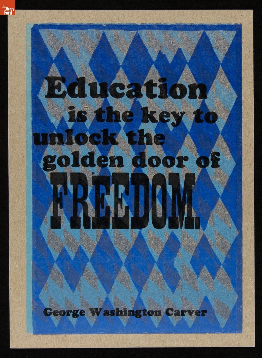 Print with light and dark blue diamonds in background and text in foreground