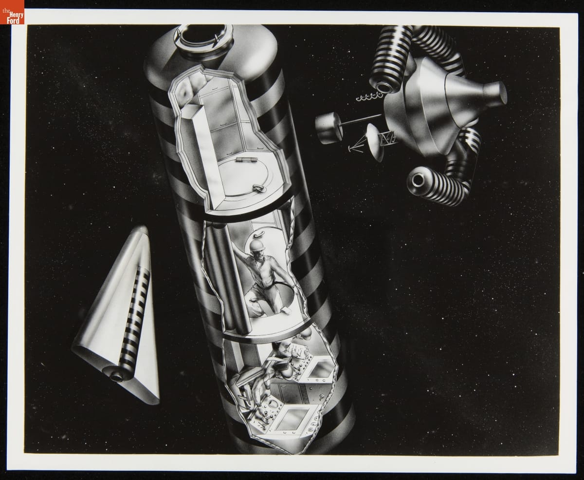 Space stations/vehicles, including one capsule-shaped with 