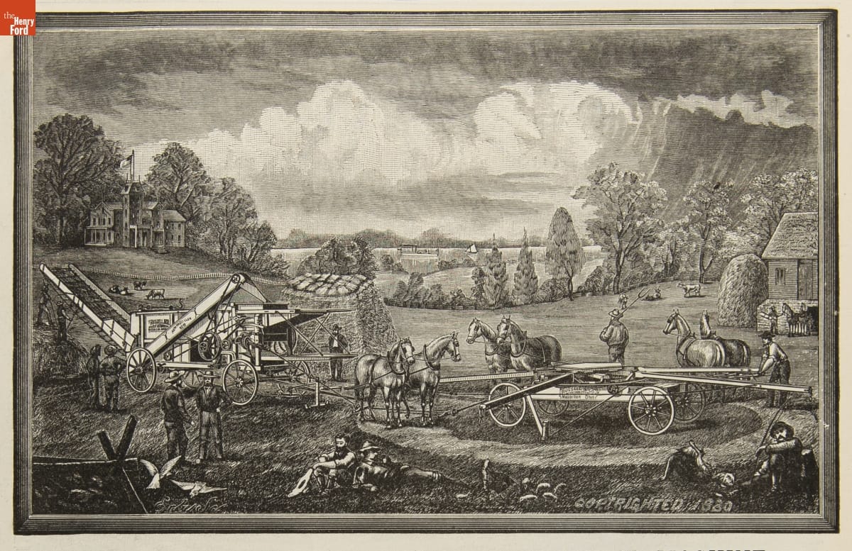 Russell & Co. Trade Catalog, 1886 / page 9 detail Illustration of horses hooked to a spoke-like wagon attached to a piece of farm equipment; piles of hay and many people working are nearby