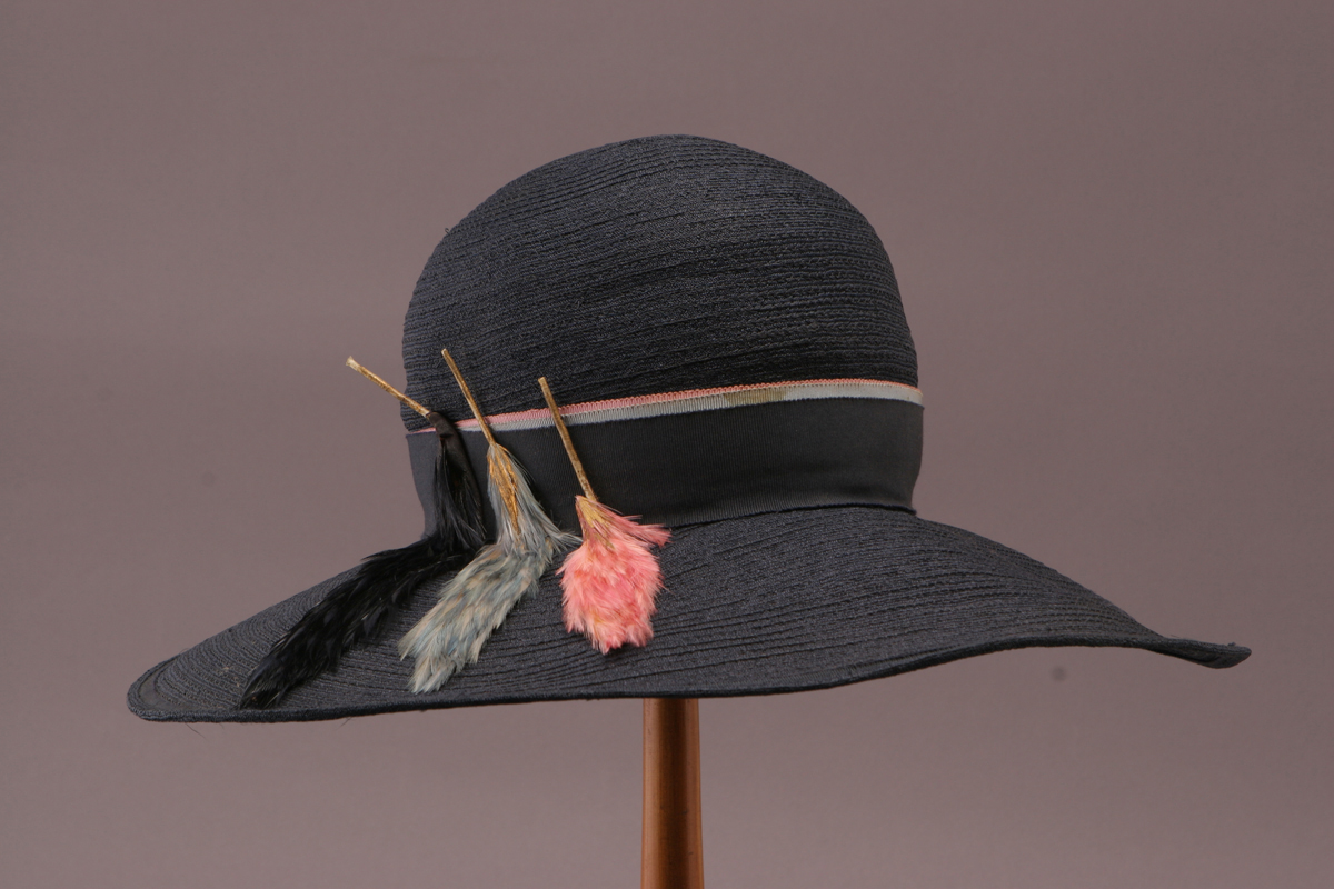 Hat, Worn by Elizabeth Parke Firestone, 1926-1936 Black straw hat with black ribbon and feather detailing in black, pale blue, and pink