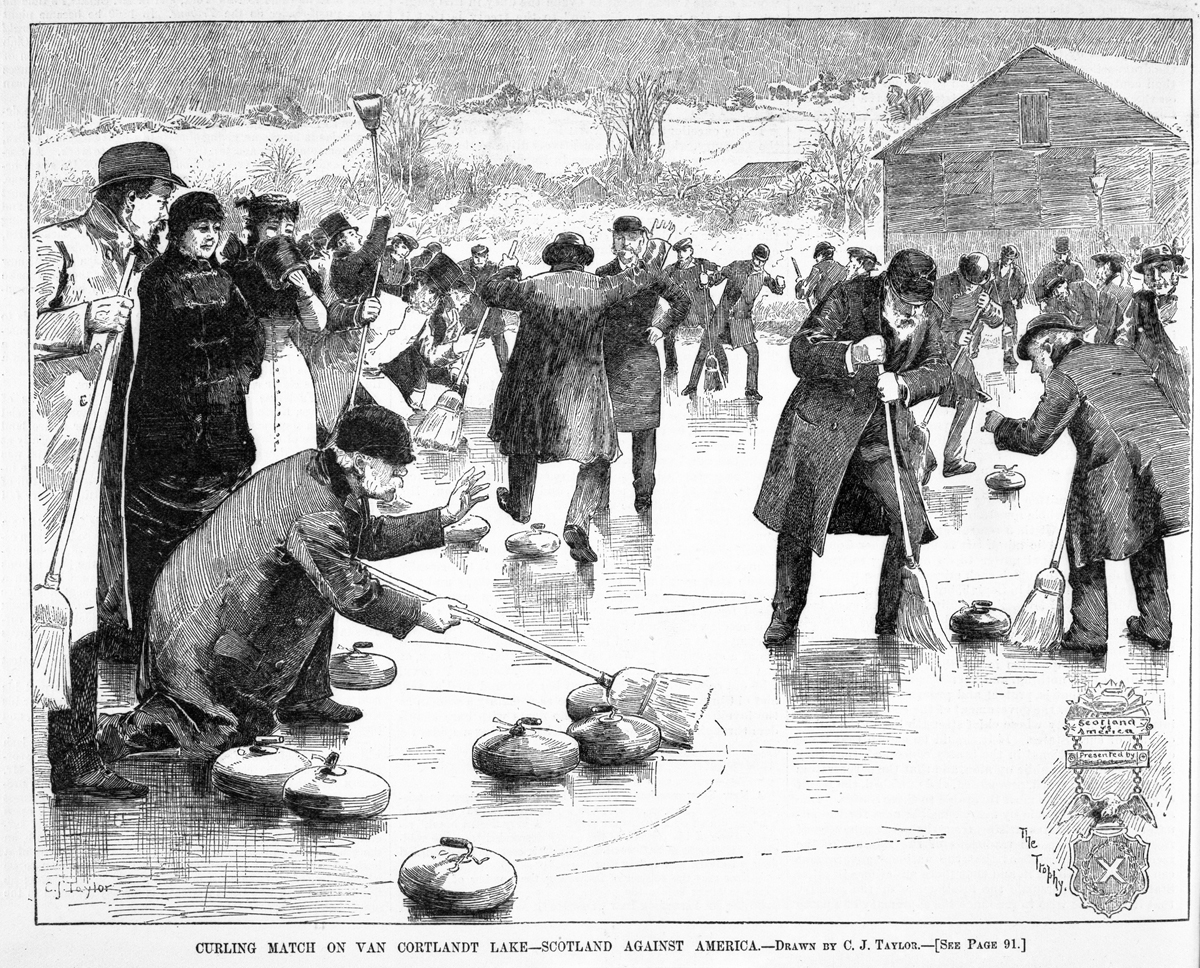 Large group of people on frozen pond or lake with brooms and curling stones