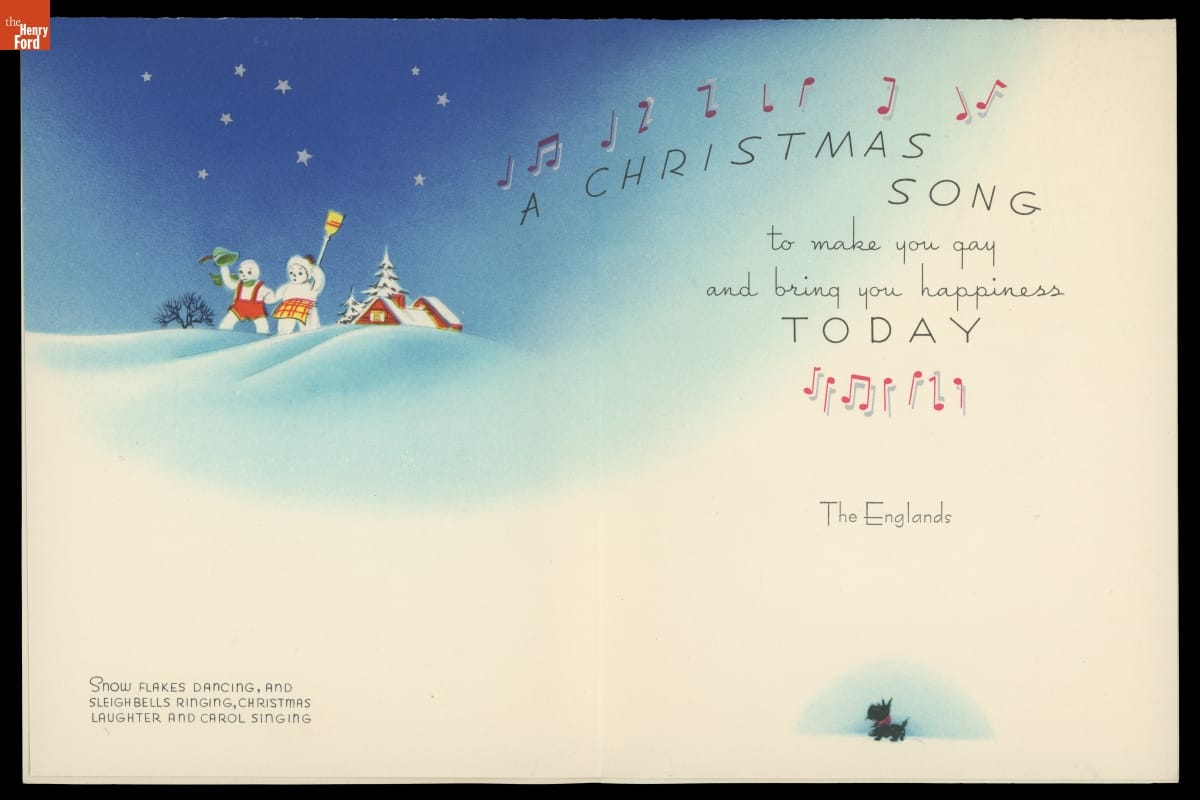 Christmas Card, Interior of a Christmas card depicting two snowpeople walking from a red building (church?) across snowy slopes against a blue sky filled with stars, and a Scottie dog; also contains text