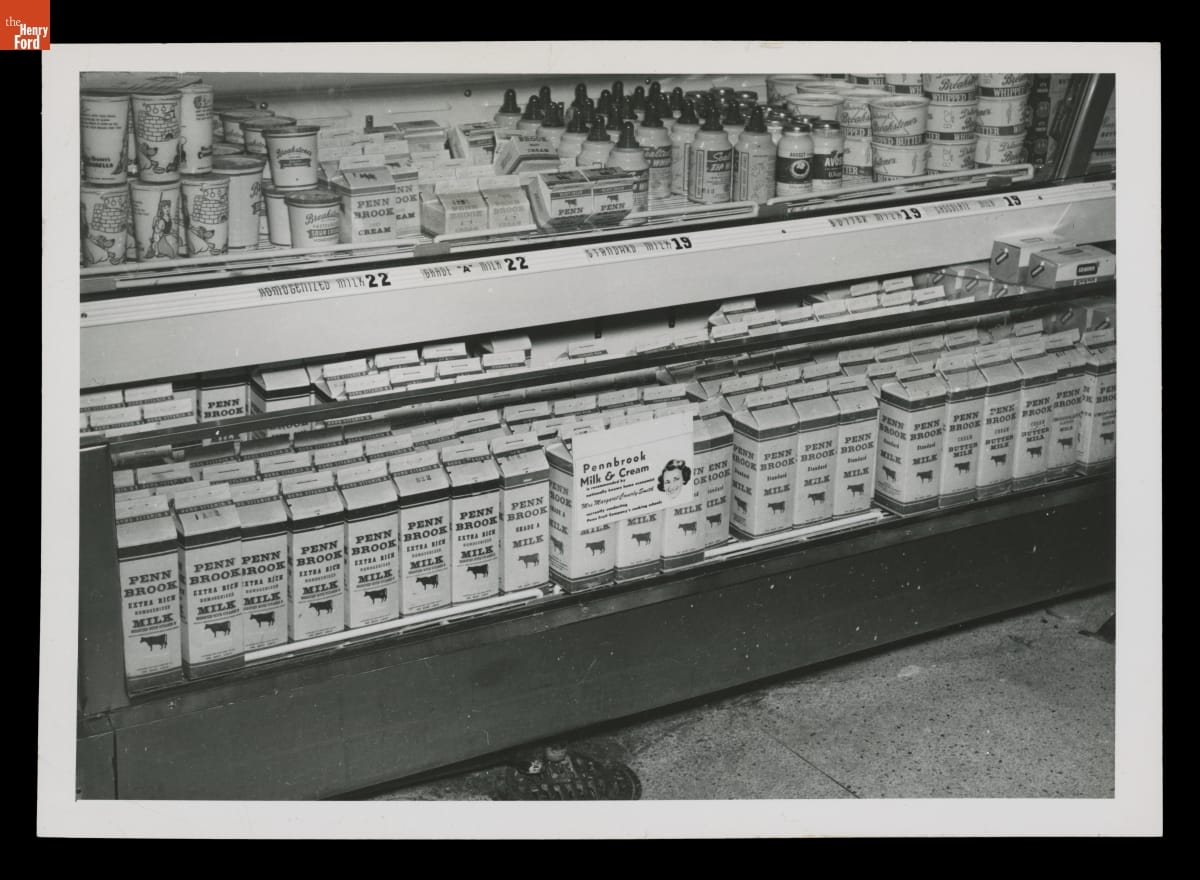 thf703471 Grocery Store Dairy Case Stocked with Pennbrook Milk Company Products, circa 1950