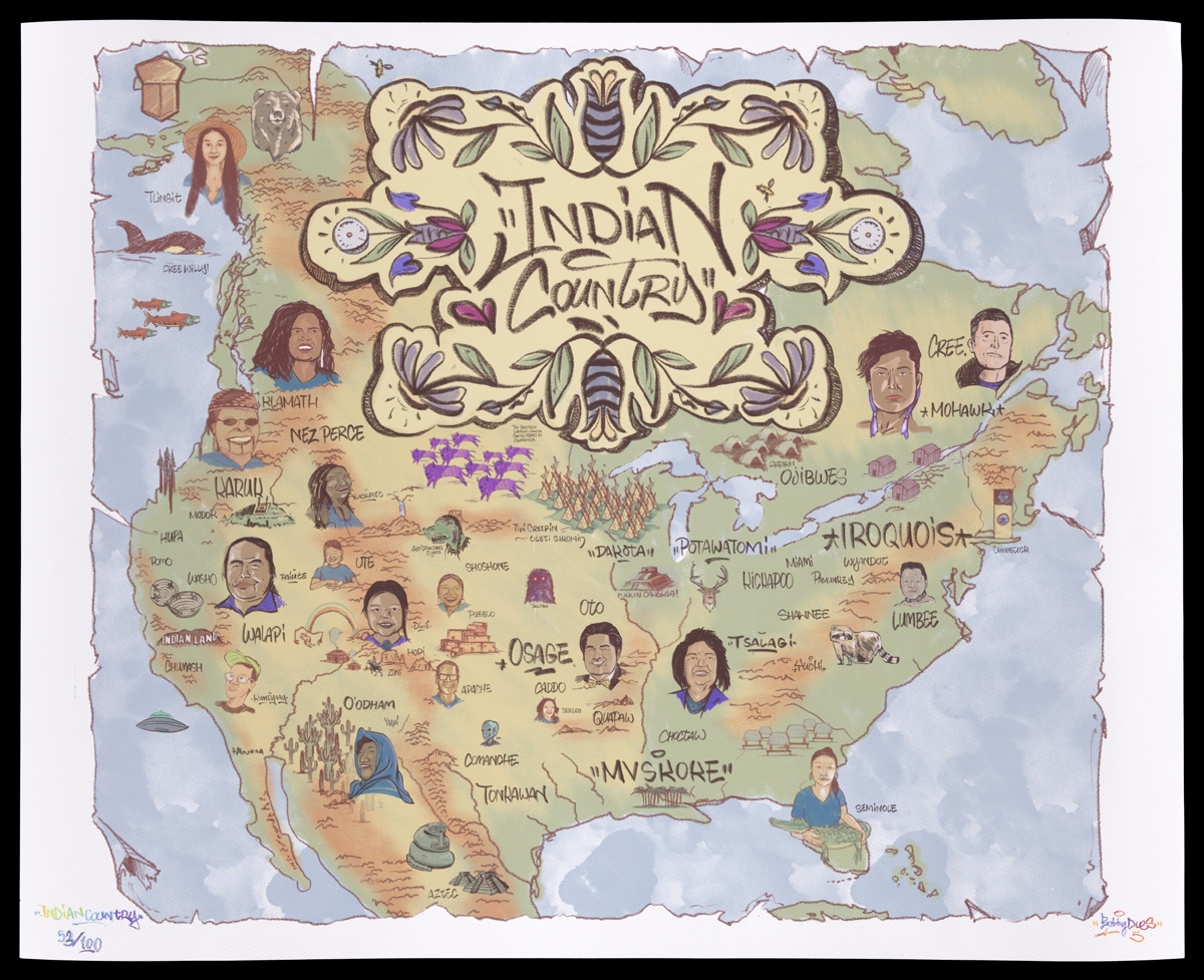 Image of an illustrated map with faces of Indigenous people