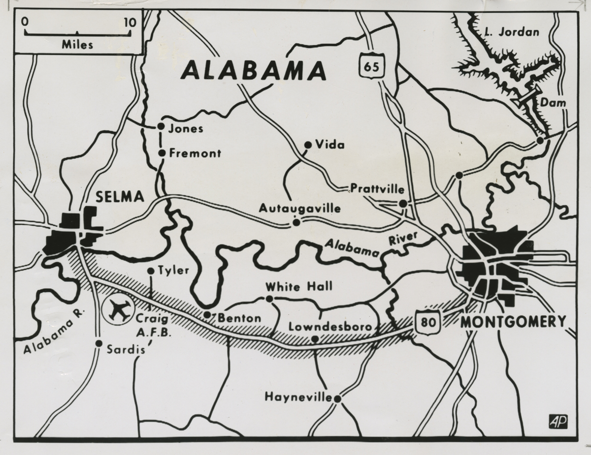 Map showing the route taken by 300 voting rights marchers from Selma to Montgomery, Alabama, in 1965, tracing their multi-day journey with nightly camps along the way.