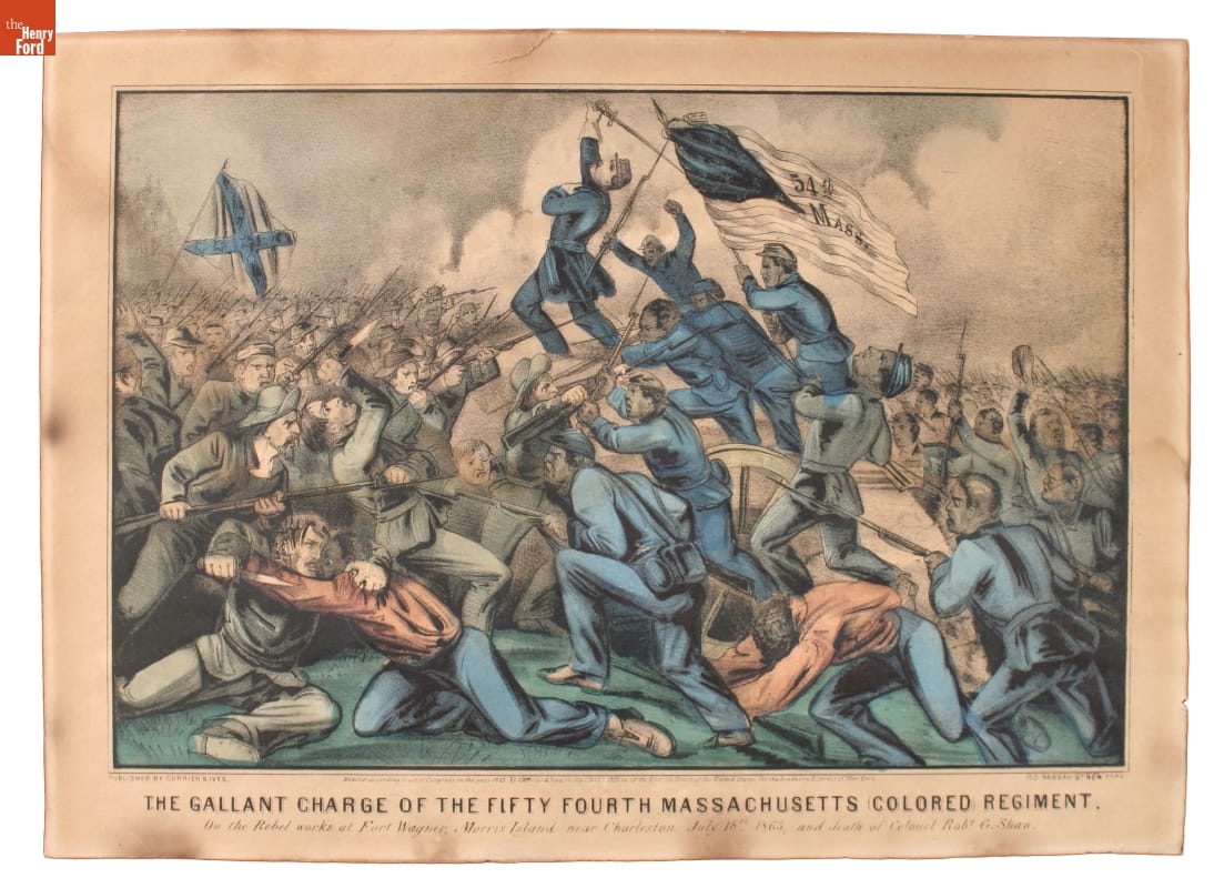 Print of Black men in blue uniforms, led by a white man in a blue uniform, clashing with men in gray uniforms