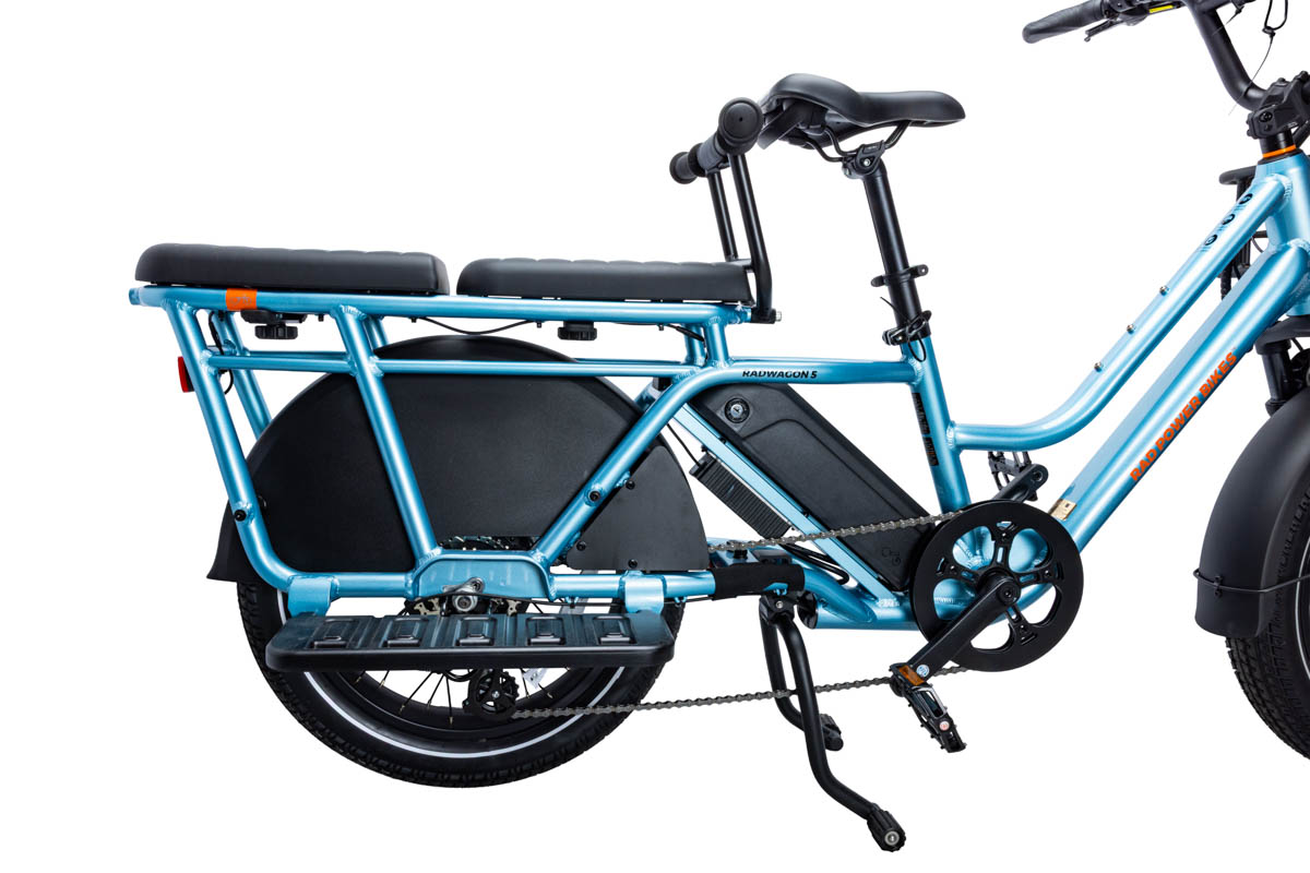 the back wheel of a blue bike