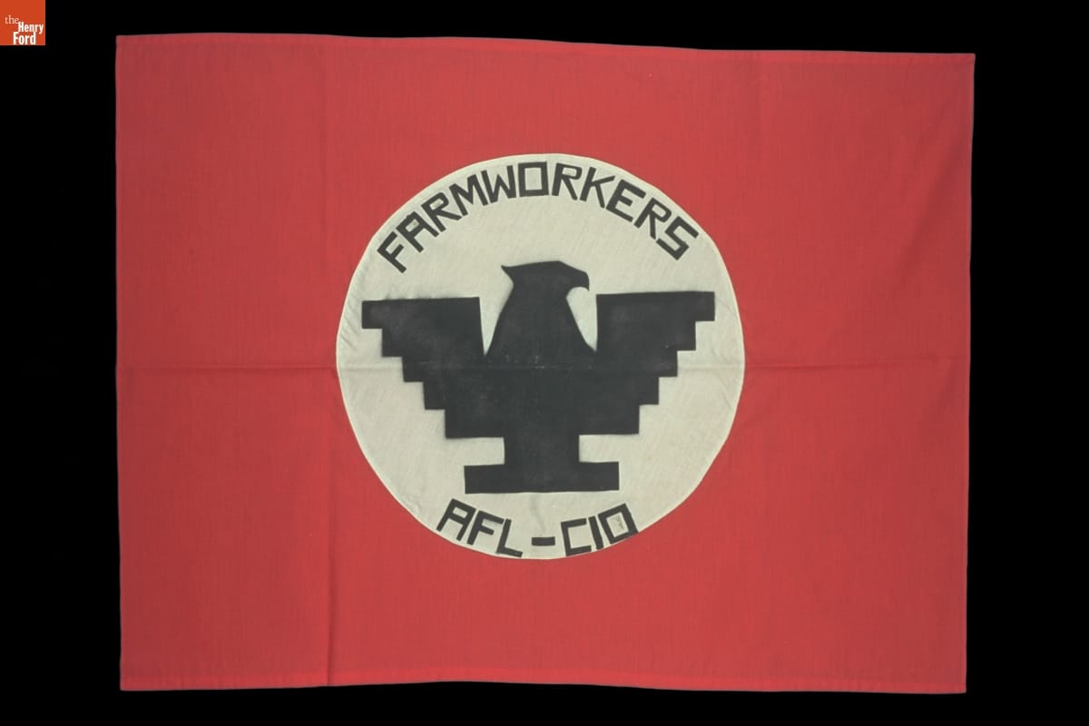 Red flag with white circle containing stylistic, blocky silhouette of eagle and text 
