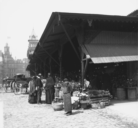 People stand at edge of low open building, shopping at stands displaying flowers and other products
